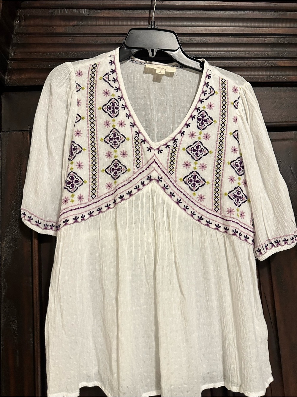Nurture by Westbound White Tunic with Purple & Green Embroidery
